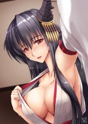 Rule 34 | 1girl, akatsuki akane, armpits, black hair, blush, breasts, cleavage, collarbone, commentary request, detached sleeves, fusou (kancolle), hair ornament, headgear, highres, japanese clothes, kantai collection, large breasts, long hair, looking at viewer, nontraditional miko, reaching, reaching towards viewer, red eyes, selfie, smile, solo, taking picture