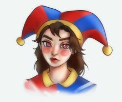 Rule 34 | 1girl, absurdres, blue eyes, blush stickers, brown hair, commentary, expressionless, hat, highres, jester cap, kirtome, medium hair, pomni (the amazing digital circus), portrait, red eyes, red lips, solo, the amazing digital circus, thick eyebrows, two-tone eyes