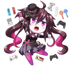 Rule 34 | 1girl, ahoge, arm up, black hat, black shirt, black sleeves, blush, breasts, brown hair, chibi, cleavage, cleavage cutout, clenched hands, clothing cutout, controller, detached sleeves, fingernails, game boy, game boy (original), game controller, grey skirt, hair between eyes, handheld game console, hat, instrument, large breasts, long hair, long sleeves, maracas, mini hat, mini top hat, multicolored hair, nail polish, nijisanji, no shoes, open mouth, pink hair, pink nails, pink thighhighs, playstation controller, pleated skirt, purple eyes, shirt, simple background, skirt, sleeveless, sleeveless shirt, sleeves past wrists, solo, thighhighs, tilted headwear, top hat, twintails, two-tone hair, utsurogi angu, v-shaped eyebrows, very long hair, virtual youtuber, white background, yamiyono moruru