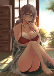 Rule 34 | 1girl, absurdres, alternate costume, aqua kimono, architecture, bikini, blush, breasts, brown eyes, east asian architecture, grey hair, hair between eyes, highres, indoors, japanese clothes, kantai collection, kimono, large breasts, long hair, long sleeves, looking at viewer, mizunototori, obi, open door, pola (kancolle), porch, red bird, sash, sitting, sliding doors, smile, solo, sunset, swimsuit, swimsuit under clothes, tatami, tree, wavy hair