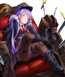 Rule 34 | 1girl, ass, boots, breasts, female focus, hat, highres, lilith-soft, looking at viewer, noel renoir, potion (moudamepo), purple hair, red eyes, serious, shorts, simple background, sitting, sword, taimanin (series), taimanin asagi, taimanin asagi kessen arena, uniform, weapon, white background