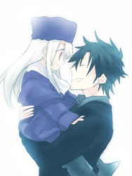 Rule 34 | 1boy, 1girl, age difference, bad id, bad pixiv id, black hair, carrying, emiya kiritsugu, fate/stay night, fate/zero, fate (series), father and daughter, hat, illyasviel von einzbern, knk0k, long hair, purple hat, red eyes, white hair