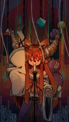 Rule 34 | 1girl, absurdres, adapted costume, bow, candle, candlestand, chain, cube, cuffs, darkness, fire, fire, gourd, hair bow, hand up, highres, horn bow, horn ornament, horn ribbon, horns, ibuki suika, long hair, looking at viewer, low-tied long hair, neruzou, off shoulder, oni, orange bow, orange hair, orb, pyramid (geometry), ribbon, shackles, shirt, sidelocks, solo, touhou, white shirt, wide sleeves