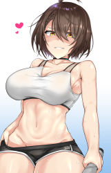 Rule 34 | 1girl, azur lane, baltimore (azur lane), baltimore (black ace) (azur lane), breasts, brown hair, clothes pull, collar, commentary request, heart, highres, large breasts, looking at viewer, okasira (superkurounmo), short hair, short shorts, shorts, shorts pull, smirk, solo, sports bra, sportswear, sweatdrop, yellow eyes