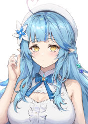 Rule 34 | 1girl, ahoge, alternate hairstyle, beret, blouse, blue hair, blue nails, blue ribbon, blush, braid, breasts, cleavage, cleavage cutout, closed mouth, clothing cutout, commentary, embarrassed, english commentary, eyelashes, flower, hair flower, hair ornament, haoni, hat, heart, heart ahoge, highres, hololive, large breasts, light blue hair, long hair, looking at viewer, multicolored hair, nail polish, neck ribbon, pointy ears, ribbon, shirt, simple background, sleeveless, sleeveless shirt, solo, streaked hair, sweatdrop, two-tone hair, upper body, virtual youtuber, white background, white hat, white shirt, yellow eyes, yukihana lamy