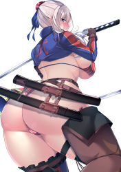 Rule 34 | 1girl, absurdres, ass, asymmetrical legwear, bikini, blue eyes, blush, breasts, brown gloves, commentary request, fate/grand order, fate (series), gloves, grin, highres, huge ass, katana, large breasts, looking at viewer, looking back, miyamoto musashi (fate), miyamoto musashi (fate/grand order), miyamoto musashi (swimsuit berserker) (fate), miyamoto musashi (swimsuit berserker) (second ascension) (fate), muyoshito, short hair, silver hair, simple background, smile, solo, swimsuit, sword, thick thighs, thighs, uneven legwear, weapon, white background, yoshito (muyoshito207)