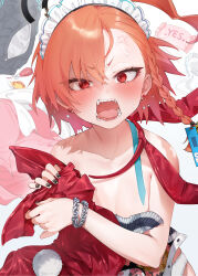 Rule 34 | 1girl, absurdres, anger vein, angry, animal ears, black nails, blue archive, blush, braid, commentary request, earrings, fake animal ears, fangs, food, halo, highres, jacket, jewelry, ketchup, ketchup bottle, leotard, looking at viewer, maid headdress, mole, mole under each eye, mole under eye, multiple moles, neru (blue archive), neru (bunny) (blue archive), omelet, omurice, open mouth, orange hair, rabbit ears, rabbit tail, red eyes, red leotard, short hair, solo, stud earrings, sukajan, sweat, tail, wrist chain, yanyo (ogino atsuki)