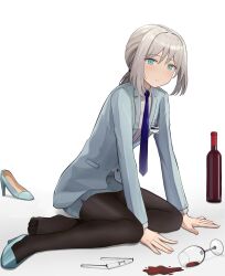 Rule 34 | 1girl, absurdres, an-94 (antje) (girls&#039; frontline), an-94 (girls&#039; frontline), aqua eyes, aqua jacket, black pantyhose, blonde hair, blue necktie, blush, bottle, broken eyewear, business suit, commentary, commission, cup, drinking glass, fallen down, formal, gamryous, girls&#039; frontline, glasses, high heels, highres, jacket, legs, looking at viewer, necktie, no shoes, on floor, over-rim eyewear, pantyhose, pixiv commission, ponytail, red wine, semi-rimless eyewear, shoes, sidelocks, single shoe, solo, spill, suit, toes, white background, wine bottle, wine glass