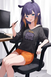 Rule 34 | 1girl, absurdres, black shirt, blue eyes, blunt bangs, blush, collarbone, gradient hair, highres, holding, holding pen, hololive, hololive english, long hair, looking at viewer, mole, mole under eye, multicolored hair, myonchi, ninomae ina&#039;nis, open mouth, orange hair, orange shorts, pen, pointy ears, purple hair, shirt, short shorts, shorts, sidelocks, sitting, smile, solo, t-shirt, takodachi (ninomae ina&#039;nis), tentacle hair, virtual youtuber