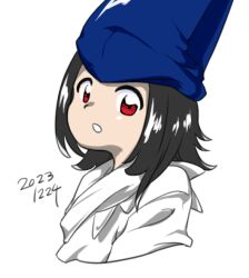 Rule 34 | 1boy, 2023, :o, black hair, blue hat, dated, hat, looking at viewer, medium hair, nonamejd, official style, red eyes, shingyoku (male), shingyoku (touhou), simple background, solo, tate eboshi, touhou, touhou (pc-98), upper body, white background, zun (style)