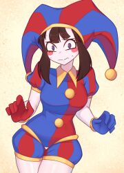 Rule 34 | 1girl, absurdres, asymmetrical gloves, blue eyes, blue gloves, blue hat, blush stickers, breasts, brown hair, contrapposto, cowboy shot, gloves, hat, hat bell, highres, jester, jester cap, large breasts, medium hair, mismatched gloves, multicolored clothes, multicolored hat, pomni (the amazing digital circus), red eyes, red gloves, red hat, short sleeves, solo, striped clothes, striped headwear, the amazing digital circus, thigh gap, two-tone eyes, vertical-striped bodysuit, vertical-striped clothes, vertical-striped headwear, xyronii