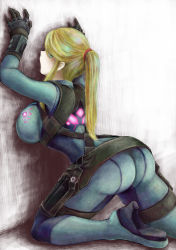 Rule 34 | 1girl, against wall, aqua eyes, arched back, arms up, ass, blonde hair, bodysuit, breast press, breasts, from side, gloves, glowing, high heels, highres, holster, kneeling, large breasts, looking at viewer, looking back, metroid, motoji (hamayarawa), nintendo, ponytail, samus aran, shoulder holster, sideways glance, skin tight, solo, thigh holster, zero suit