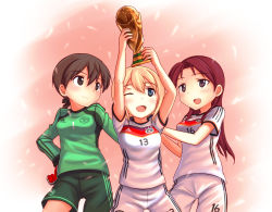 Rule 34 | 2014 fifa world cup, 3girls, a9b (louis814), alternate costume, blonde hair, blue eyes, brown eyes, brown hair, erica hartmann, germany, gertrud barkhorn, gloves, goalkeeper, hair ribbon, minna-dietlinde wilcke, multiple girls, one eye closed, open mouth, red eyes, red hair, ribbon, shorts, soccer, soccer uniform, sportswear, strike witches, trophy, uniform, world cup, world witches series