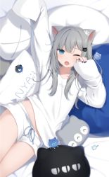 Rule 34 | 1girl, absurdres, alternate costume, amashiro natsuki, animal ears, black nails, blue eyes, cat ears, cat girl, cat-shaped pillow, commentary, eyebrows hidden by hair, grey hair, highres, indie virtual youtuber, nachoneko, nail polish, one eye closed, paw hair ornament, sleepwear, sleepy, sleeves past fingers, sleeves past wrists, solo, symbol-only commentary, thighs, virtual youtuber