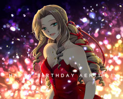 Rule 34 | 1girl, aerith gainsborough, aerith gainsborough (red dress), bare arms, breasts, brown hair, character name, cleavage, collarbone, dress, final fantasy, final fantasy vii, final fantasy vii remake, flamenco dress, flower, green eyes, hair flower, hair ornament, hair ribbon, happy birthday, long hair, looking at viewer, medium breasts, multiple necklaces, official alternate costume, open mouth, parted bangs, ponytail, red dress, red flower, red ribbon, ribbon, ringlets, sidelocks, smile, solo, square enix, strapless, strapless dress, takafuji yuna, upper body, wall market