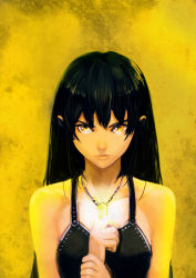 Rule 34 | 1girl, absurdres, bare shoulders, black hair, frown, gradient background, highres, jewelry, long hair, looking at viewer, okuto, original, pendant, solo, upper body, yellow background, yellow eyes, yellow theme