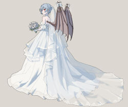 Rule 34 | 1girl, absurdres, alternate costume, backless dress, backless outfit, bare shoulders, bat wings, blue hair, bouquet, bridal veil, dress, earrings, flower, from side, grey background, highres, holding, holding bouquet, jewelry, long dress, looking at viewer, necklace, pale skin, pearl necklace, red eyes, remilia scarlet, short hair, slit pupils, solo, touhou, veil, wedding dress, white flower, wing ribbon, wings, youpofen