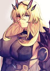 Rule 34 | 1girl, absurdres, armor, bad id, bad pixiv id, bare shoulders, black dress, blonde hair, blue eyes, breasts, crossed bangs, dress, barghest (fate), barghest (second ascension) (fate), fate/grand order, fate (series), gauntlets, hair between eyes, heterochromia, highres, horns, huge filesize, jewelry, large breasts, long hair, looking at viewer, muscular, muscular female, necklace, pauldrons, red eyes, shoulder armor, simple background, single gauntlet, single pauldron, solo, sori sonennso