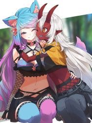 Rule 34 | 2girls, akumi (yoclesh), animal ear fluff, animal ears, asymmetrical legwear, black pants, black skirt, blue hair, breasts, cleavage, colored skin, fingerless gloves, fishnet sleeves, fishnets, gloves, gradient hair, highres, horns, hug, invisible chair, jacket, long hair, looking at another, midriff, mismatched legwear, multicolored hair, multiple girls, one eye closed, oni horns, open clothes, open jacket, pants, pointy ears, purple hair, rb2, red skin, silvervale, silvervale (4th costume), sitting, skirt, smile, vguyen, virtual youtuber, vshojo, white hair, wolf ears, yellow jacket