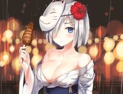 Rule 34 | 10s, 1girl, bad id, bad pixiv id, blue eyes, blush, breasts, cleavage, female focus, flower, gradient background, hair flower, hair ornament, hair over one eye, hamakaze (kancolle), ikayaki, japanese clothes, kantai collection, kimono, large breasts, mask, off shoulder, short hair, silver hair, solo, sousouman, squid, yukata