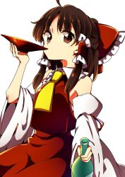 Rule 34 | absurdres, armpits, ascot, baba (baba seimaijo), bare shoulders, bottle, bow, brown eyes, brown hair, collared shirt, commentary request, cup, detached sleeves, hair bow, hair tubes, hakurei reimu, half updo, highres, looking at viewer, medium hair, nontraditional miko, red bow, red skirt, ribbon-trimmed sleeves, ribbon trim, sakazuki, sake bottle, shirt, sidelocks, skirt, touhou, white background, wide sleeves
