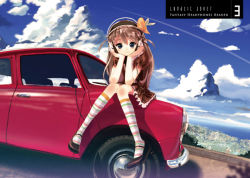 Rule 34 | 1girl, brown hair, car, cityscape, cloud, cover, cover page, day, head rest, headphones, kneehighs, knees together feet apart, mini cooper, motor vehicle, multicolored clothes, multicolored legwear, on vehicle, original, scenery, sitting, sky, socks, solo, striped clothes, striped socks, tsukigami runa, vehicle
