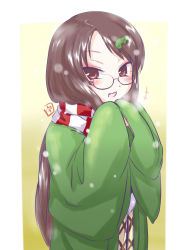 Rule 34 | 1girl, brown eyes, brown hair, fang, futatsuiwa mamizou, futatsuiwa mamizou (human), glasses, hair ornament, hands in opposite sleeves, highres, japanese clothes, leaf hair ornament, open mouth, scarf, smile, touhou, uho (uhoyoshi-o)