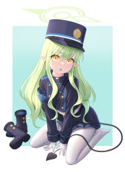 Rule 34 | 1girl, :o, armband, black footwear, black hat, black jacket, black skirt, blue archive, blue armband, blush, boots, buttons, cementite, commentary, cropped jacket, demon tail, double-breasted, full body, gloves, green hair, green halo, halo, hat, highres, hikari (blue archive), jacket, long hair, long sleeves, looking at viewer, miniskirt, no shoes, open mouth, pantyhose, peaked cap, pleated skirt, pointy ears, revision, sidelocks, sitting, skirt, solo, tail, unworn boots, white gloves, white pantyhose, yellow eyes