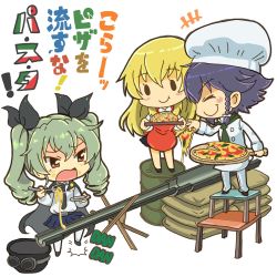Rule 34 | 10s, 3girls, anchovy (girls und panzer), apron, black hair, blonde hair, blouse, braid, brown eyes, cape, carpaccio (girls und panzer), cheese, chef, chef hat, chibi, closed eyes, commentary request, drill hair, drum (container), extended barrel, eyebrows, food, food on face, fork, girls und panzer, goggles, goggles on headwear, green hair, hair ribbon, hat, helmet, highres, long hair, multiple girls, necktie, pantyhose, pasta, pepperoni (girls und panzer), pizza, plate, pleated skirt, ribbon, sack, sacks, saiguchi otoufu, shirt, short hair, skirt, spaghetti, stool, tapping foot, thighhighs, translation request, twin drills