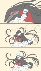 Rule 34 | 1boy, 1girl, black hair, blue ribbon, cheek pinching, closed eyes, collared shirt, comic, covered face, crossed arms, dragon, fate (series), floating, floating hair, hat, hat ribbon, highres, koha-ace, long sleeves, looking at another, no nose, open mouth, oryou (fate), pants, pe6n1, pinching, ponytail, red eyes, ribbon, sakamoto ryouma (fate), shirt, silent comic, sleeping, smoke, white hat, white pants, white shirt, zzz