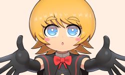 Rule 34 | 1girl, :o, black capelet, black gloves, blonde hair, blue eyes, blush, bow, bowtie, bright pupils, capelet, commentary, cookie (touhou), elbow gloves, gloves, grey background, highres, kirisame marisa, looking at viewer, madore, meguru (cookie), open mouth, reaching, reaching towards viewer, red bow, red bowtie, short hair, simple background, touhou, upper body, white pupils