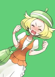 Rule 34 | &gt;:o, 1girl, bag, beret, bianca (pokemon), blonde hair, blush, breasts, clenched hands, closed eyes, creatures (company), dot nose, dress, dutch angle, facing viewer, game freak, green background, hand up, handbag, hat, highres, kisama (0213), nintendo, nose blush, open mouth, pokemon, pokemon bw, puffy short sleeves, puffy sleeves, short hair, short sleeves, simple background, skirt, solo, standing, upset, v-shaped eyebrows, vest, wavy mouth, white skirt