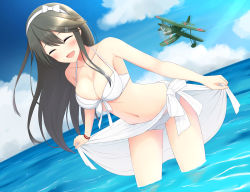Rule 34 | 1girl, akahi242, bare shoulders, bikini, blue sky, blush, bracelet, breasts, cleavage, clothes lift, cloud, collarbone, day, e16a zuiun, closed eyes, facing viewer, female focus, grey hair, hair ornament, hairband, hairclip, haruna (kancolle), jewelry, kantai collection, large breasts, long hair, midriff, navel, ocean, open mouth, outdoors, partially submerged, sarong, sarong lift, sky, solo, standing, swimsuit, wading, water, white bikini, white hairband