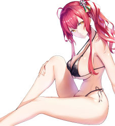 Rule 34 | 1girl, ahoge, azur lane, bikini, black bikini, breasts, cleavage, commentary, female focus, from side, hair ornament, highres, kanaya604, large breasts, long hair, looking at viewer, official alternate costume, red hair, side-tie bikini bottom, side ponytail, simple background, sitting, solo, swimsuit, white background, zara (azur lane), zara (poolside coincidence) (azur lane)