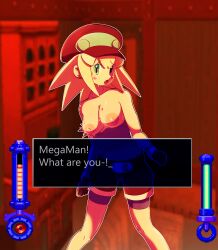 Rule 34 | 1girl, 2019, blonde hair, blush, breasts, breasts out, cleft of venus, dialogue box, english text, gloves, green eyes, hat, highres, large areolae, large breasts, medium breasts, mega man (series), mega man legends (series), nipples, pussy, roll caskett (mega man), sanikink, shorts, topless, torn clothes