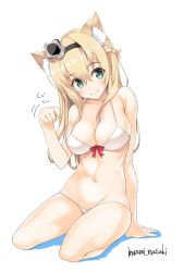 Rule 34 | 10s, 1girl, animal ears, arm support, bad id, bad twitter id, bare shoulders, bikini, blonde hair, braid, breasts, cat ears, cleavage, crown, eyebrows, fang, french braid, gesture, green eyes, hairband, highres, inuzumi masaki, kantai collection, large breasts, long hair, mini crown, navel, one-hour drawing challenge, red ribbon, ribbon, signature, smile, solo, swimsuit, warspite (kancolle), white background, white bikini