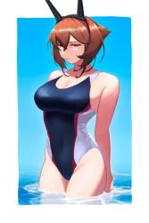 Rule 34 | 1girl, arms behind back, breasts, brown eyes, brown hair, cleavage, closed mouth, competition swimsuit, hair between eyes, headgear, kantai collection, large breasts, looking at viewer, mutsu (kancolle), one-piece swimsuit, outside border, partially submerged, short hair, solo, swimsuit, wet, yue (tada no saboten)
