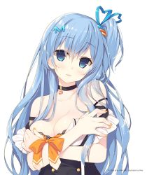 Rule 34 | 1girl, 2016, artist name, black bra, blue eyes, blue hair, blue ribbon, bra, breasts, character name, cleavage, collar, collarbone, emori miku, hair between eyes, hair ornament, hair ribbon, heart, highres, liver city, long hair, looking at viewer, medium breasts, miko (royal milk), nail polish, one side up, orange ribbon, parted lips, ribbon, simple background, solo, standing, underwear, upper body, very long hair, white background, yellow nails