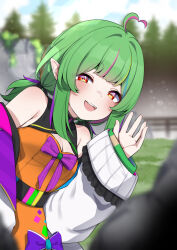 Rule 34 | 1girl, @ @, ahoge, blurry, blurry background, blurry foreground, bow, breasts, cleavage, cleavage cutout, clothing cutout, commission, dress, green hair, heart, heart ahoge, hexa (vtuber), highres, indie virtual youtuber, jacket, medium breasts, multicolored hair, open mouth, orange dress, orange hair, pink hair, pointy ears, purple bow, purple hair, red eyes, sky, sleeveless, sleeveless dress, sleeves past wrists, solo, tree, valefal coneri, vgen commission, virtual youtuber, white jacket