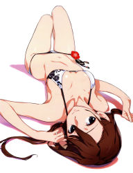 Rule 34 | 10s, 1girl, arm up, bikini, black eyes, breasts, brown hair, collarbone, flower, hair between eyes, highres, looking at viewer, low twintails, lying, navel, on back, print bikini, robotics;notes, scan, side-tie bikini bottom, simple background, small breasts, smile, solo, swimsuit, tennouji nae, twintails, white background, white bikini