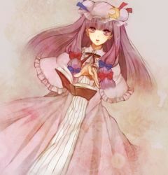 Rule 34 | 1girl, bad id, bad pixiv id, blush, book, bow, crescent, face, female focus, floating, floating object, foreshortening, hair bow, hair ribbon, hat, long hair, lowres, open book, patchouli knowledge, purple eyes, purple hair, ribbon, solo, tomoe (itigo), touhou