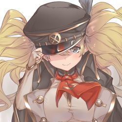 Rule 34 | 1girl, black eyes, black hat, blonde hair, blush, breasts, brown gloves, closed mouth, fingerless gloves, gloves, gradient background, granblue fantasy, hand on headwear, hat, hat feather, hat over one eye, izupix, large breasts, long hair, looking at viewer, monika weisswind, smile, solo, twintails, upper body