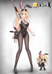 Rule 34 | 1girl, absurdres, ahoge, animal ears, automatic rifle, bar (place), bare shoulders, black footwear, black pantyhose, blonde hair, blush, bow, breasts, cat lingerie, chibi, commentary request, copyright name, detached collar, eyewear on head, fake animal ears, full body, girls&#039; frontline, green bow, green eyes, green ribbon, gun, hair ribbon, highres, holding, holding gun, holding weapon, large breasts, leotard, light machine gun, long hair, looking to the side, m1918 (bunny girl) (girls&#039; frontline), m1918 (girls&#039; frontline), m1918 bar, machine gun, mao you jun, meme attire, multiple views, official alternate costume, open mouth, pantyhose, pigeon-toed, playboy bunny, rabbit ears, ribbon, simple background, squad automatic weapon, standing, stuffed animal, stuffed rabbit, stuffed toy, sunglasses, very long hair, weapon, wrist cuffs