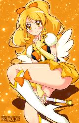 Rule 34 | 10s, 1girl, blonde hair, blush, boots, bow, brooch, character name, copyright name, cure honey, hair bow, happinesscharge precure!, heart, heart brooch, high heel boots, high heels, highres, jewel (the black canvas), looking at viewer, magical girl, oomori yuuko, orange background, ponytail, precure, skirt, smile, solo, thighs, wide ponytail, yellow eyes, yellow skirt