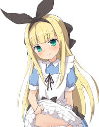 Rule 34 | 1girl, apron, black bow, black ribbon, blonde hair, blue dress, blush, bow, closed mouth, clothes lift, collared dress, dress, dress lift, green eyes, groin, hair bow, hair ribbon, head tilt, highres, lifted by self, long hair, looking at viewer, maid apron, mononobe alice, mononobe alice (1st costume), nijisanji, panties, puffy short sleeves, puffy sleeves, ribbon, short sleeves, simple background, smile, solo, underwear, very long hair, virtual youtuber, white apron, white background, white panties, yakihebi