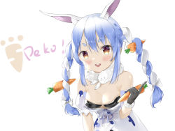 Rule 34 | 024th, 1girl, animal ear fluff, animal ears, armband, bad id, bad pixiv id, black gloves, blue hair, blush, bow, braid, breasts, buttons, carrot, carrot hair ornament, carrot print, catchphrase, cleavage, extra ears, eyebrows, food, food-themed hair ornament, food print, gloves, hair between eyes, hair bow, hair ornament, highres, holding, holding food, hololive, long braid, long hair, looking at viewer, multicolored hair, open mouth, pocket, rabbit ears, rabbit girl, red eyes, scarf, small breasts, solo, symbol-shaped pupils, teeth, twin braids, two-tone hair, upper teeth only, usada pekora, usada pekora (1st costume), virtual youtuber, white background