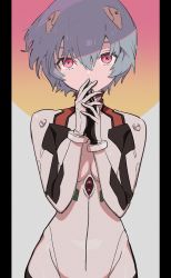 Rule 34 | 1girl, absurdres, ayanami rei, blue hair, bodysuit, breasts, covering own mouth, cowboy shot, fujino hana, hair between eyes, headgear, high collar, highres, looking at viewer, medium breasts, neon genesis evangelion, own hands together, parted lips, pink eyes, plugsuit, short hair, solo, white bodysuit