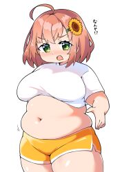 1girl ahoge belly breasts brown_hair cropped_shirt dolphin_shorts fat green_eyes highres honma_himawari large_breasts medium_hair midriff_peek muffin_top navel nijisanji open_mouth plump shiyo_hodaka shorts solo thick_thighs thighs virtual_youtuber