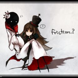 Rule 34 | 1girl, ?, brown hair, carrying, crown, deemo, deemo (character), dress, friction (deemo), alice (deemo), hat, height difference, lestored cro, role reversal, song name, top hat