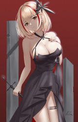 Rule 34 | 1girl, absurdres, azur lane, bare arms, bare shoulders, black dress, blonde hair, blush, breasts, brown eyes, cleavage, closed mouth, dress, hair ornament, hand on own chest, highres, ichikushi mojibake, large breasts, looking at viewer, multicolored hair, official alternate costume, red background, red hair, roon (azur lane), roon (dark red grin) (azur lane), short hair, solo, streaked hair, thighs